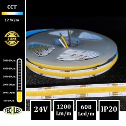 Bande LED COB 608Led/m 12W/m 10mm 24V IP20 CCT